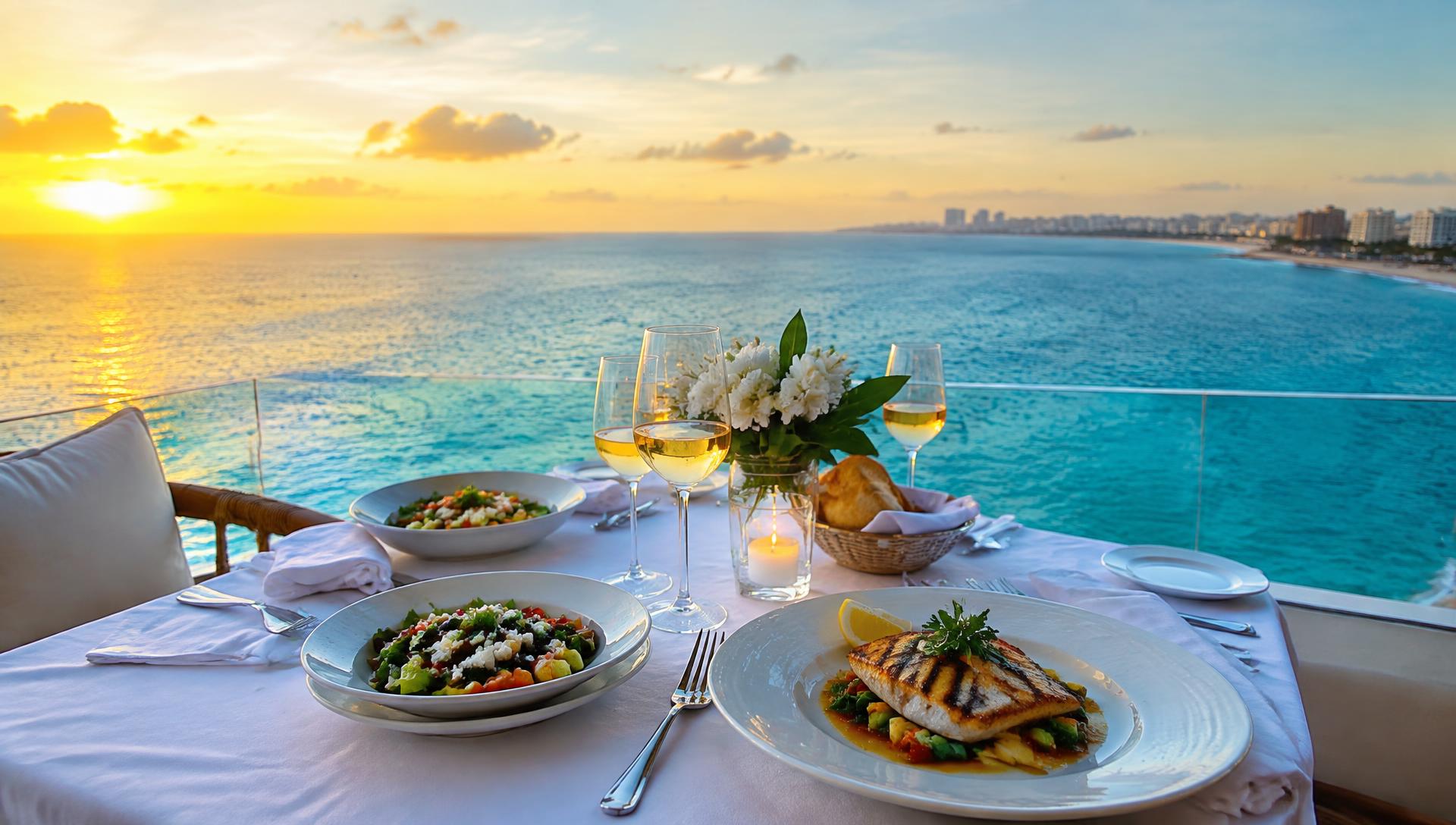 A dinner table overlooking the sea in Cancun